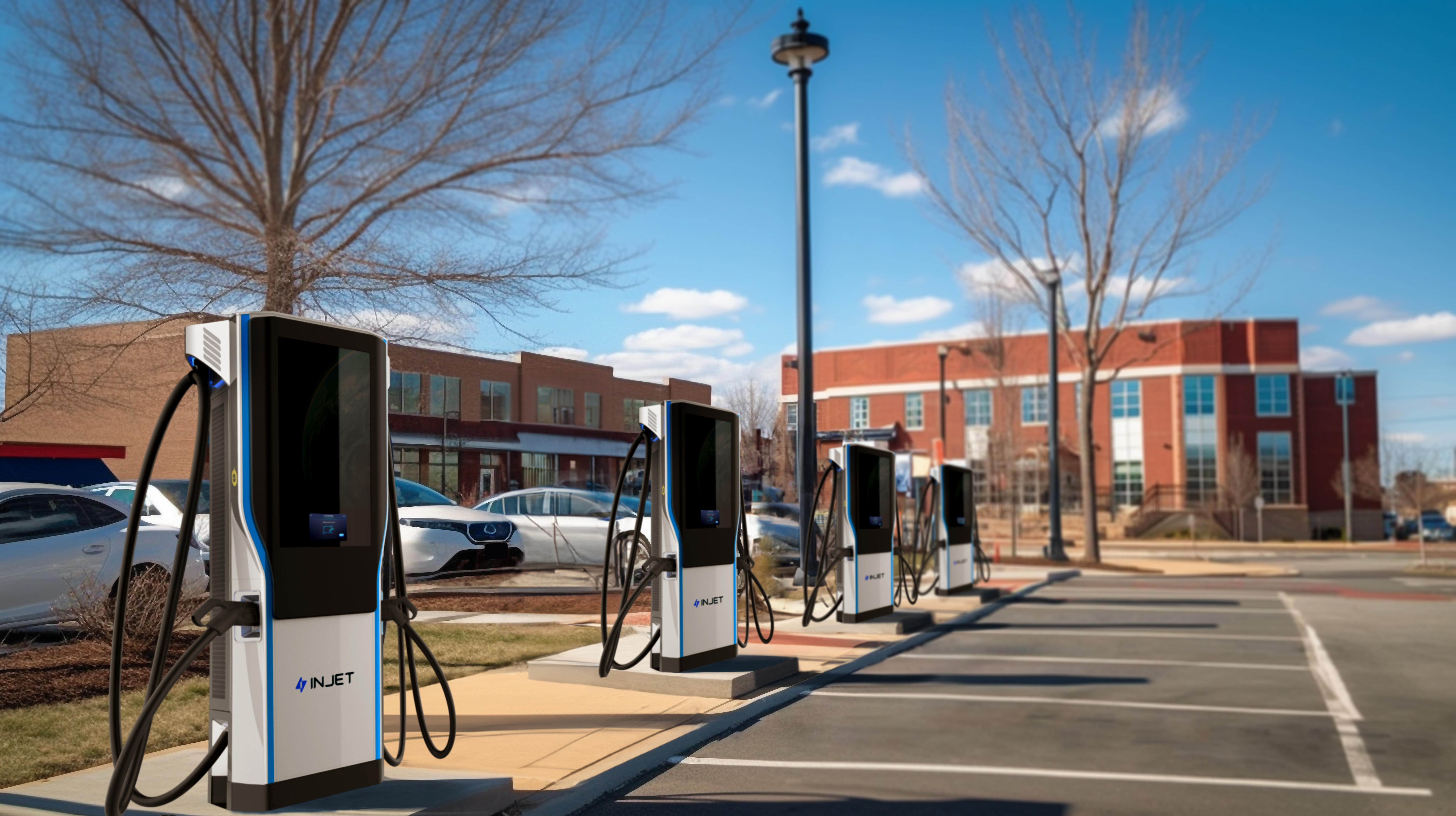 Against a dark background, an electric car charging station. Gen