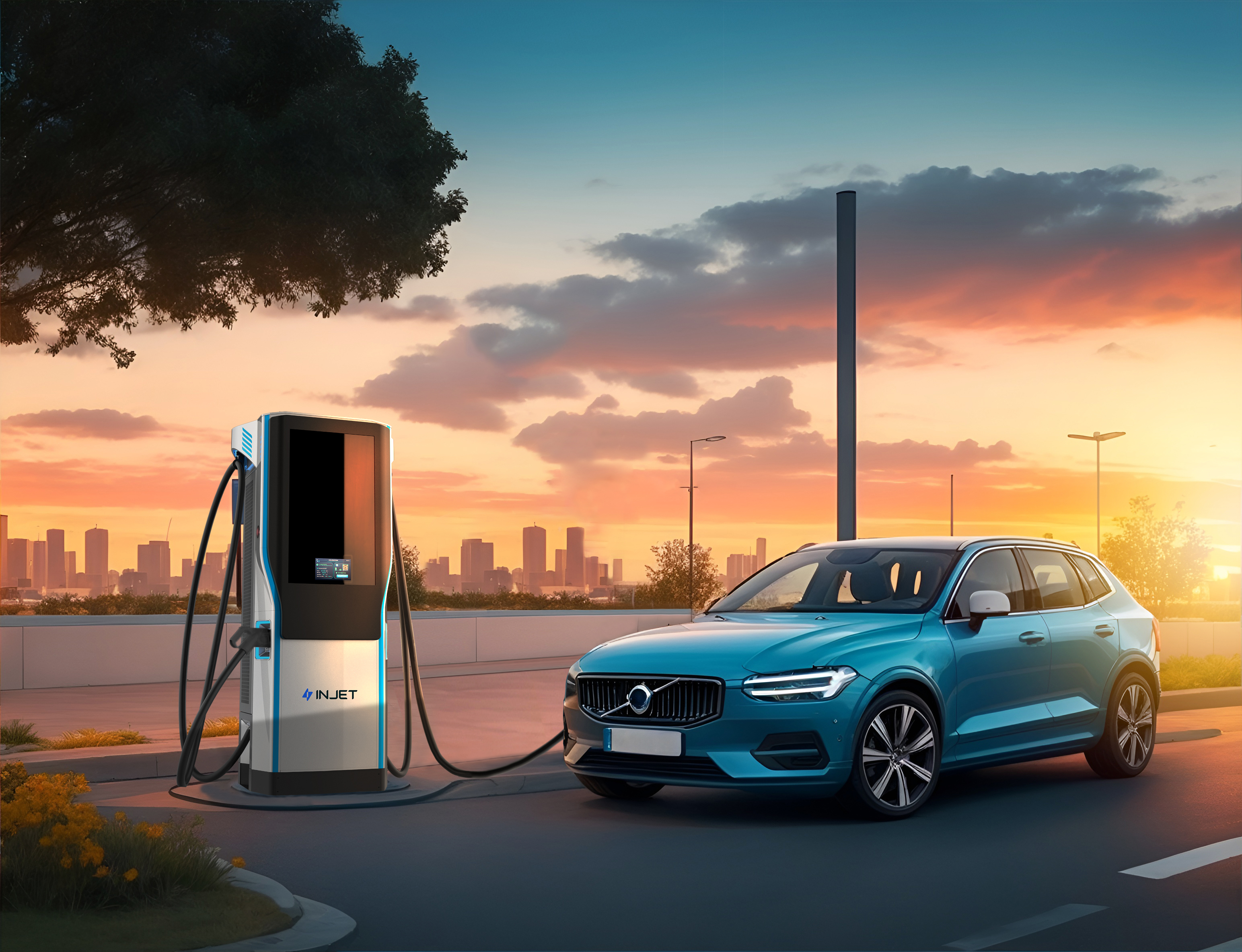 Car Eletric Sport Next to a Eletric Charge Station at Sunset Sky